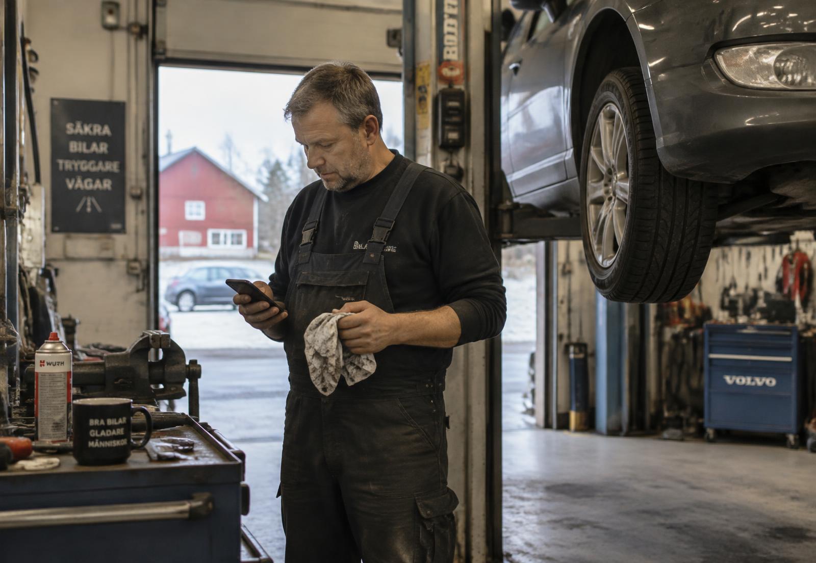 Mekaniker i en liten verkstad torkar händerna och läser i mobilen bredvid en bil på lyft